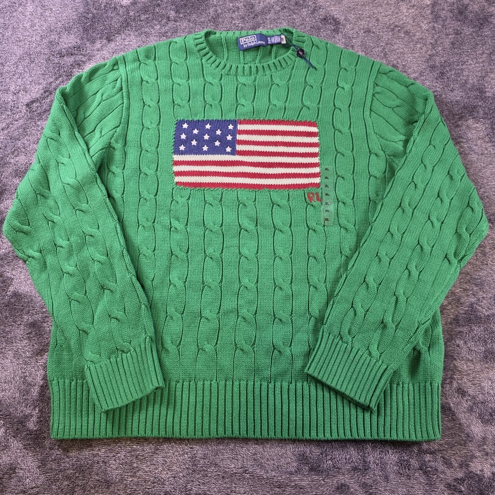 Polo Ralph Lauren Cable Knit Iconic USA Flag Sweater Mens XL Green Patriotic